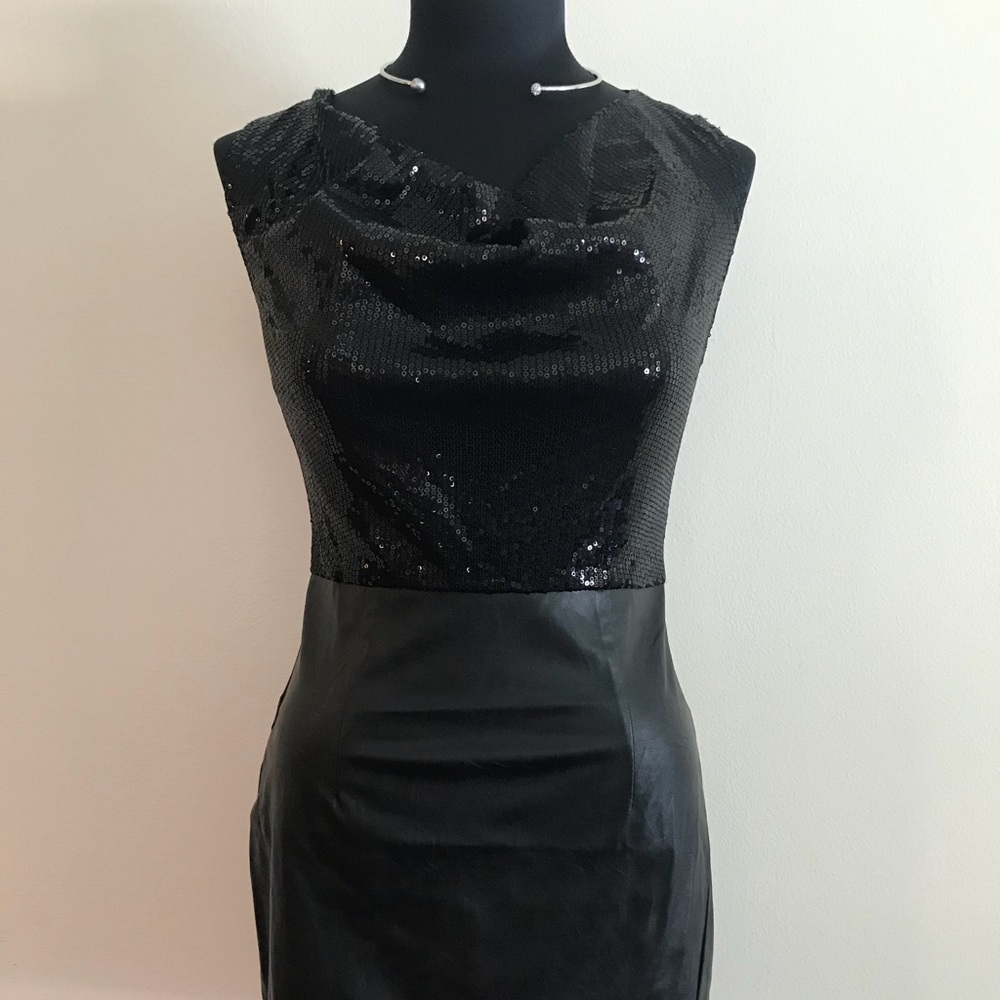Black sequin and faux leather dress